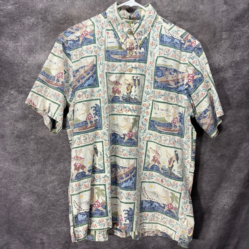 VTG Reyn Spooner Mele Kalikimaka Hawaiian Shirt Mens L Surfing Santa Christmas